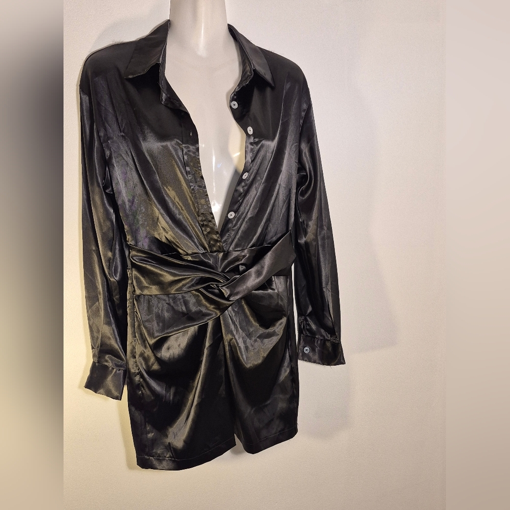 CBR Black Satin Women's Mini Dress with Waist Tie